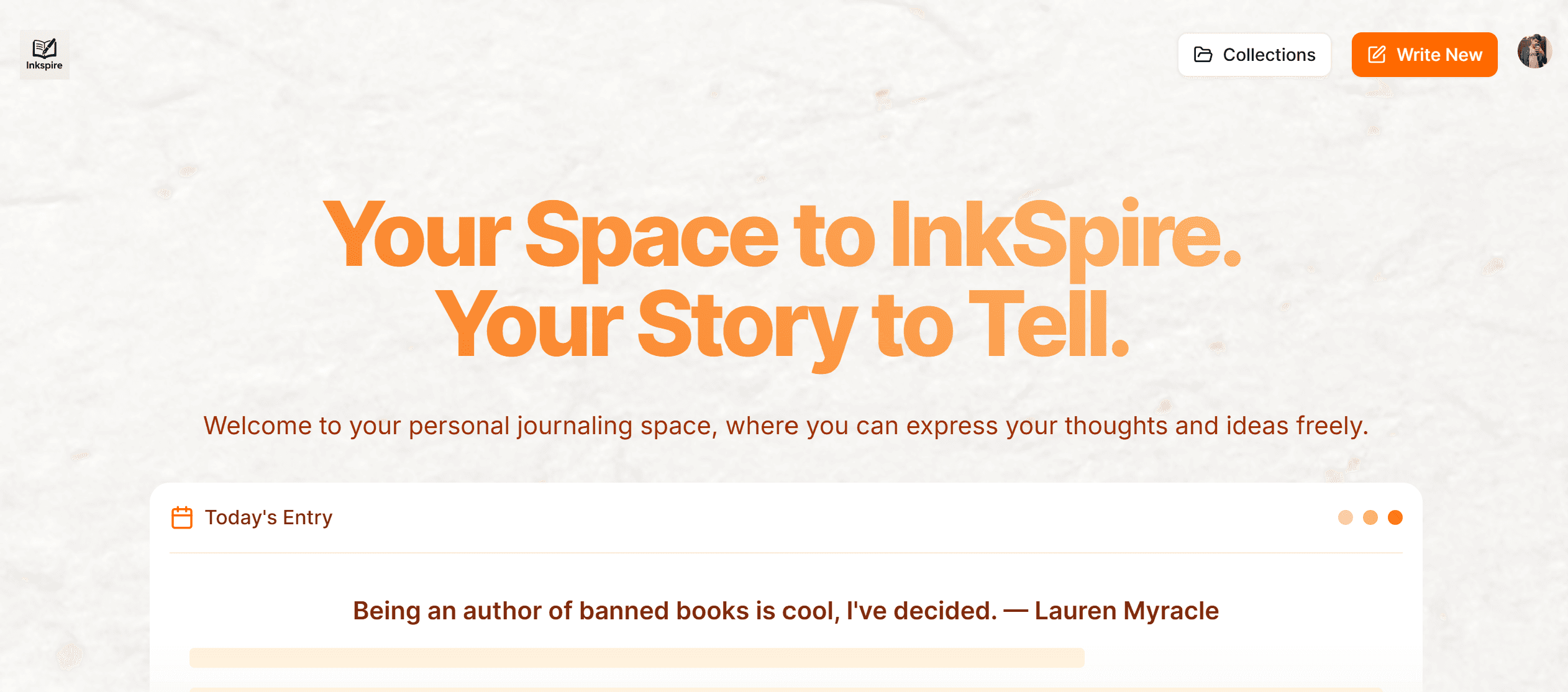 InkSpire landing page with daily entry, collections, and writing controls