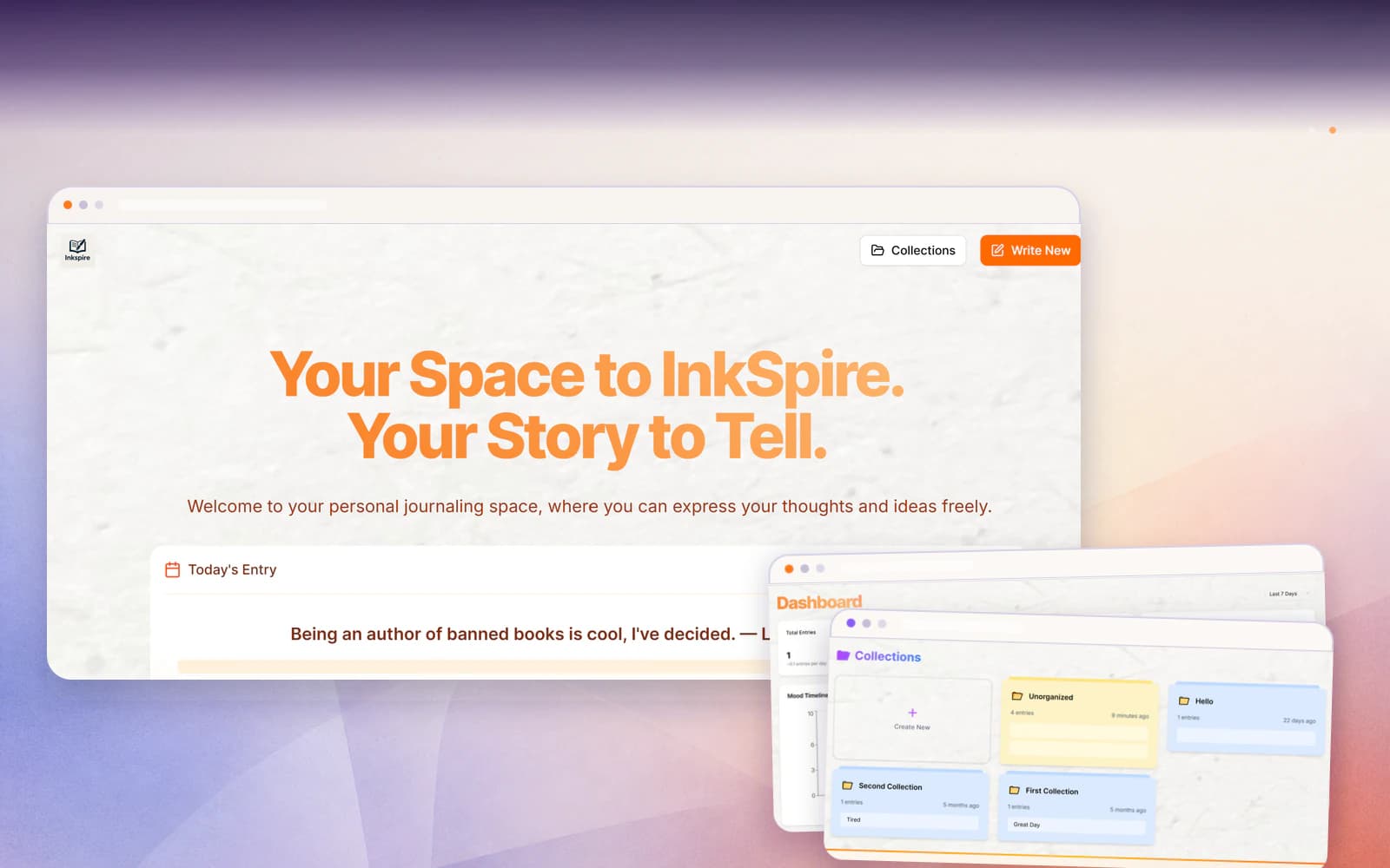 InkSpire journaling landing page layered with collections and mood analytics interfaces