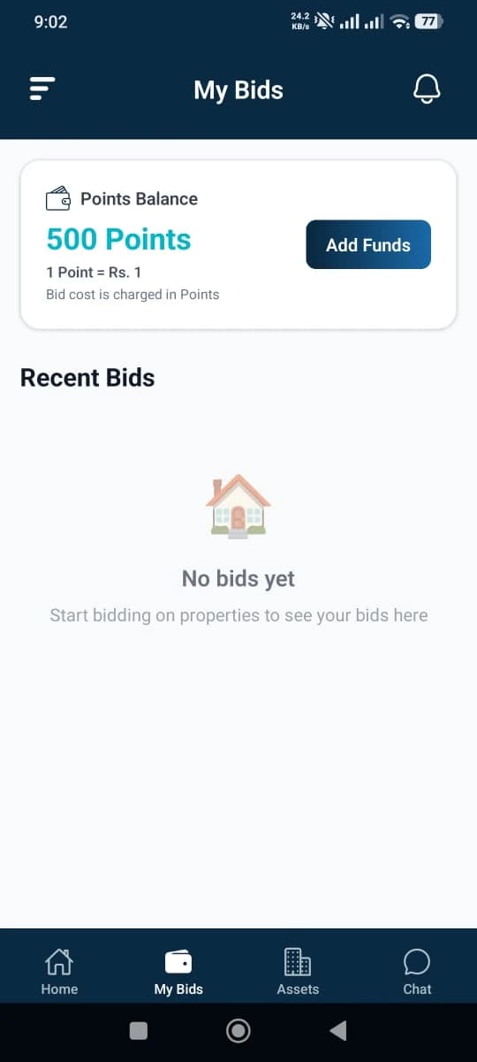 Makaanza Android bidding screen with points balance, add-funds control, and recent bids