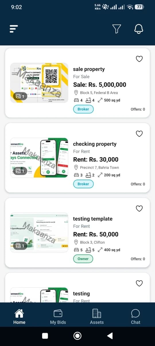 Makaanza Android property feed with listing images, prices, specifications, favorites, and offer counts