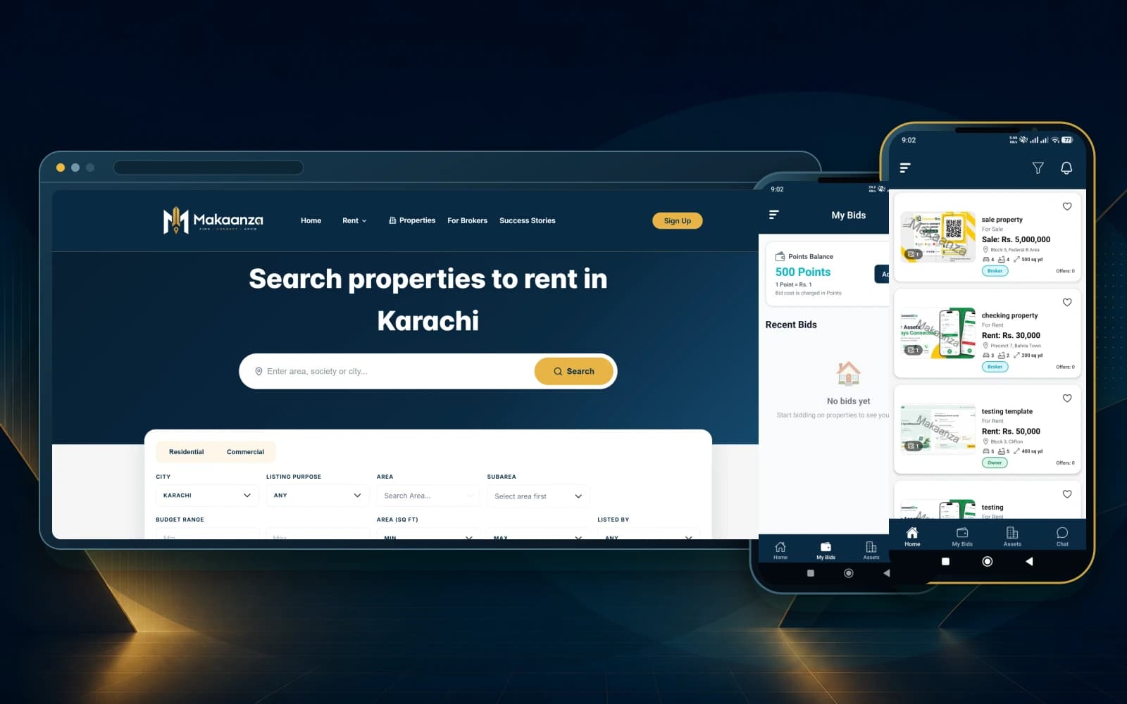 Makaanza property-search website beside React Native property feed and bidding screens