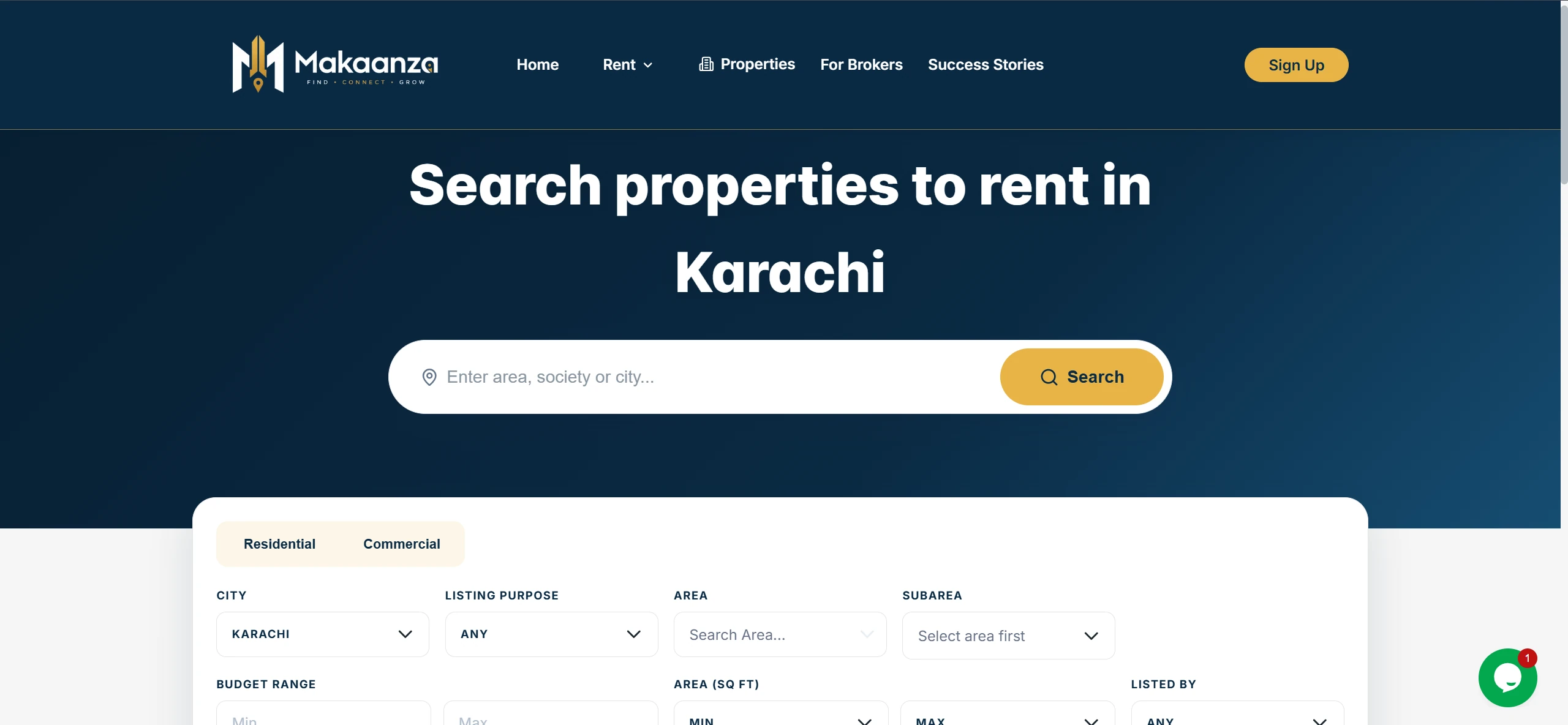 Makaanza desktop property search with residential and commercial tabs and detailed rental filters