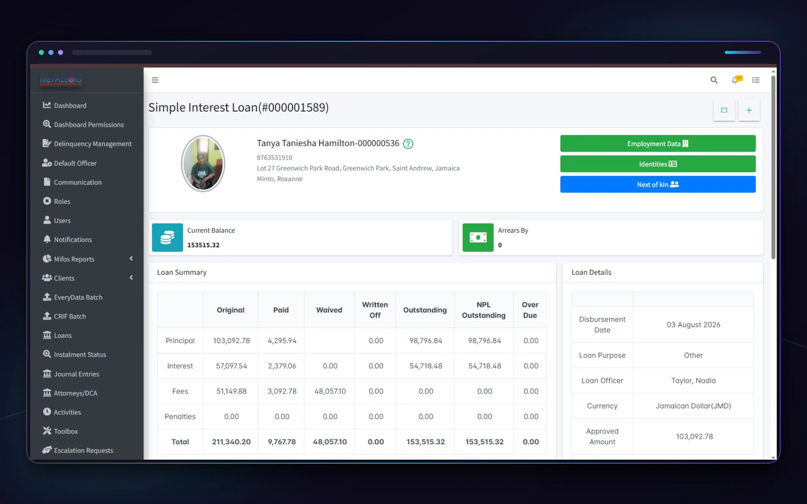 Metalloid consolidated loan view with borrower details, balances, performance history, and actions