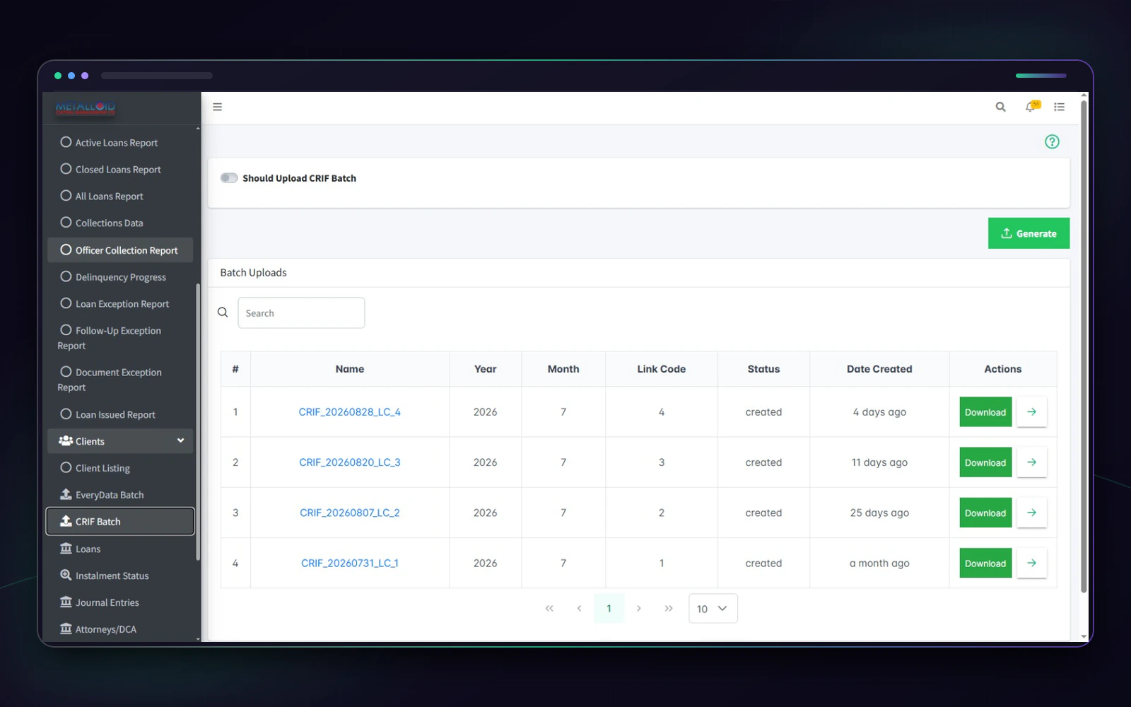 Metalloid CRIF batch workspace with upload toggle, generation control, status history, and downloads