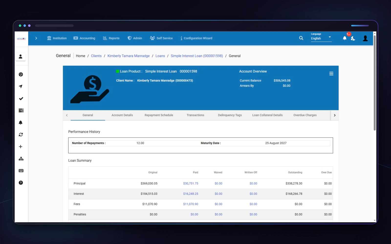 Mifos loan account overview with balances, repayment history, schedules, transactions, and charges