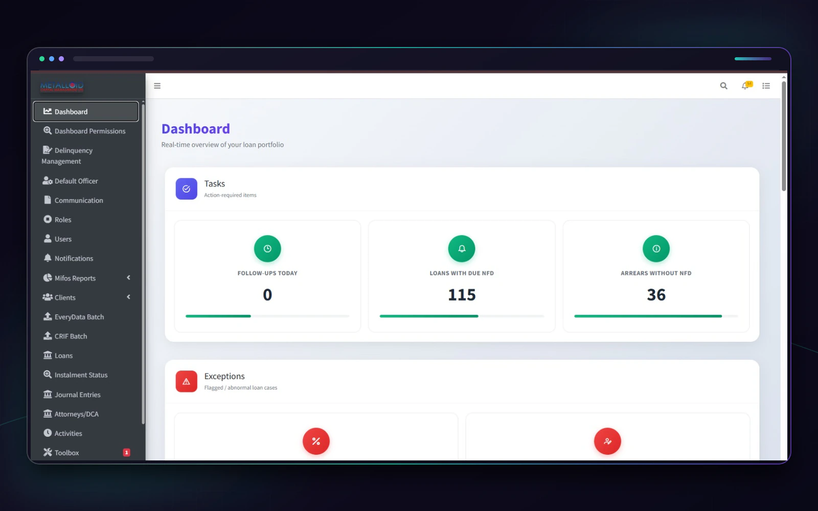 Metalloid Capital dashboard with portfolio metrics, delinquency queues, follow-ups, and operational exceptions