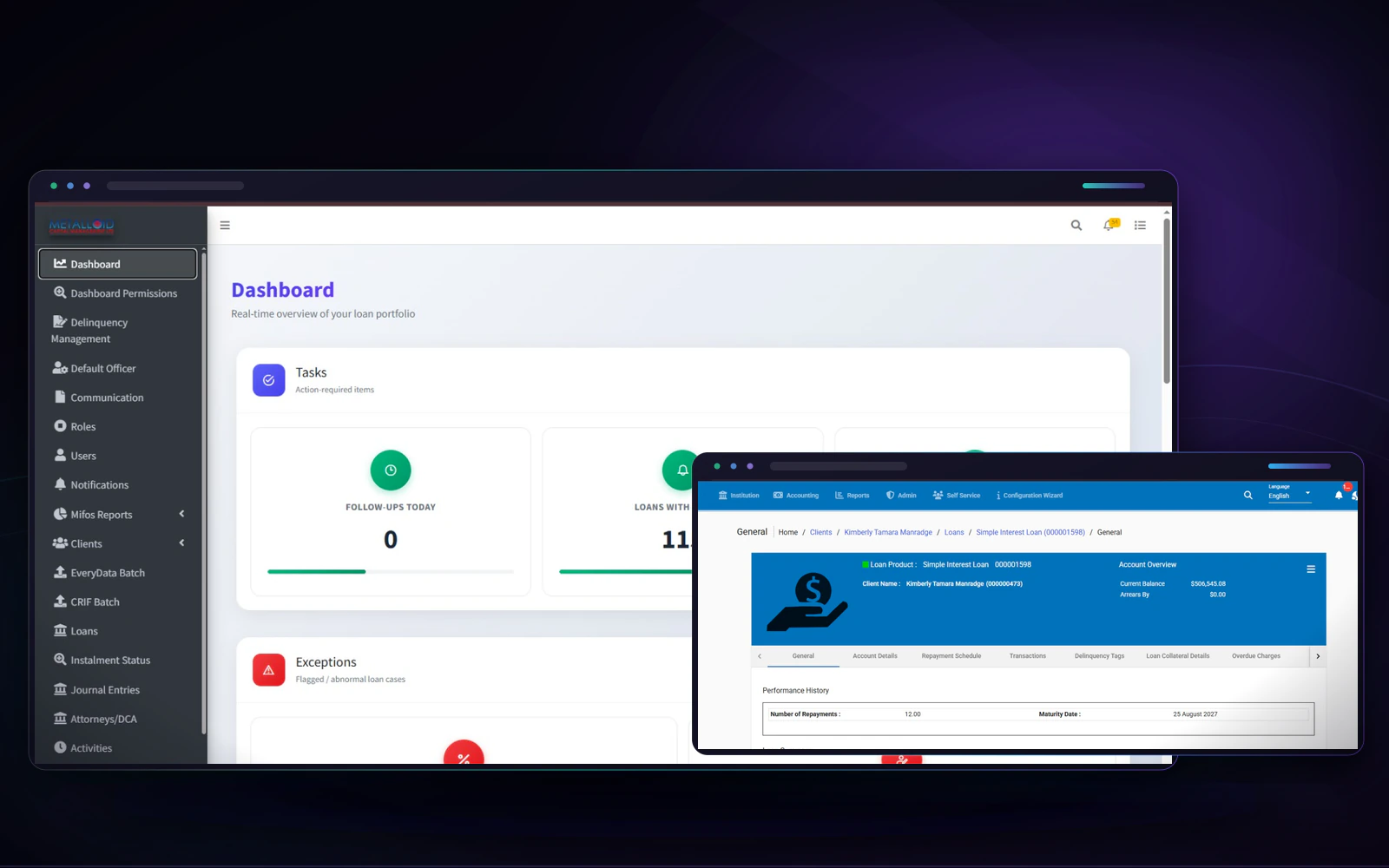Metalloid Capital operations dashboard layered with the authoritative Mifos loan account workspace