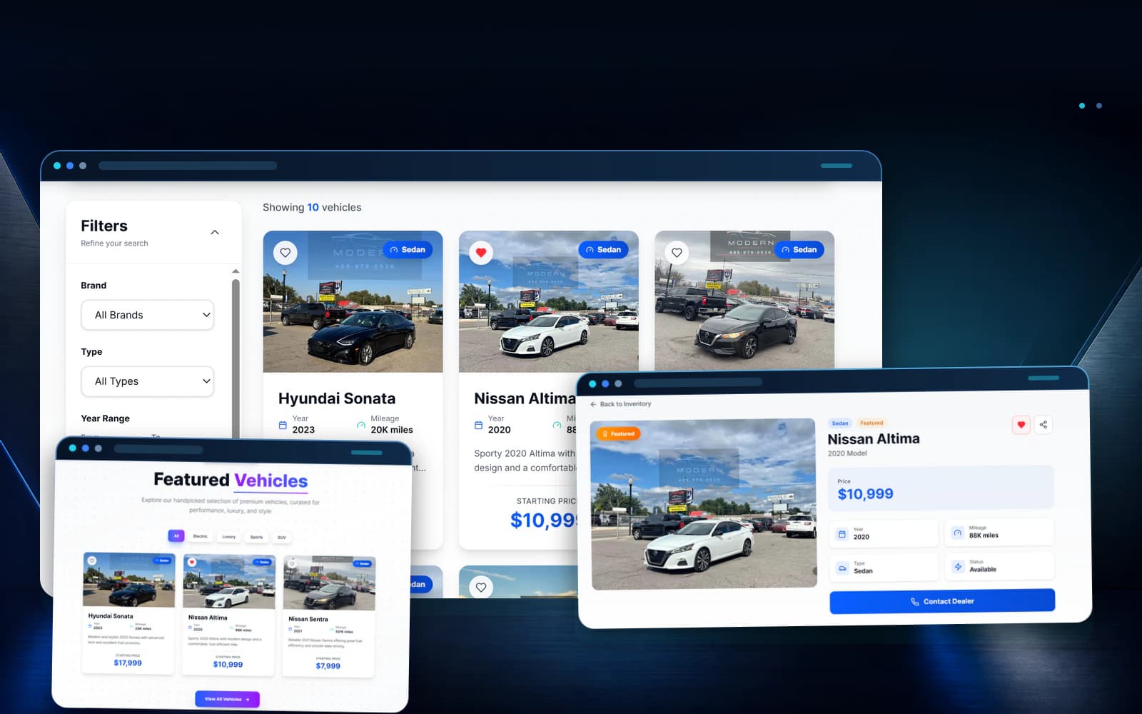 Modern Auto vehicle inventory layered with featured listings and a detailed vehicle view