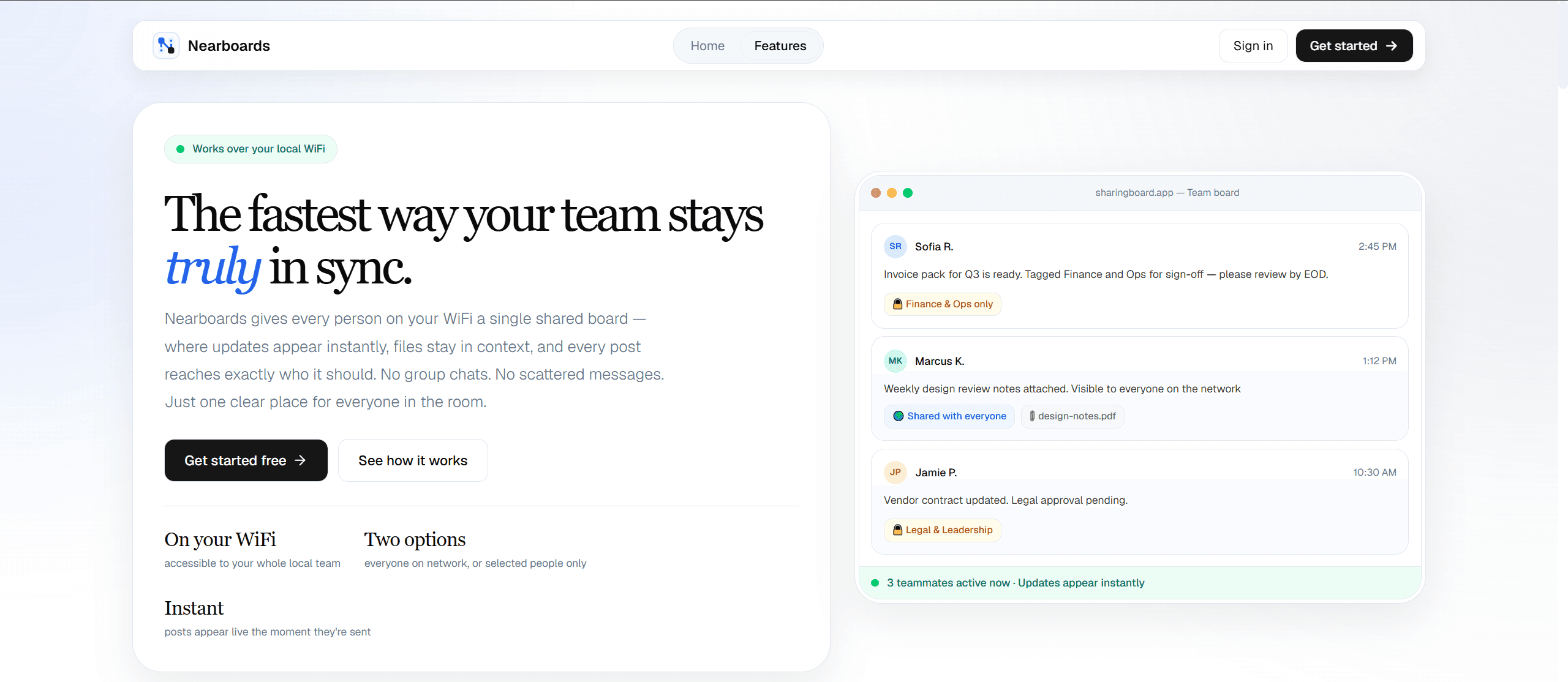 Nearboards product overview with live presence, audience, and file-sharing highlights
