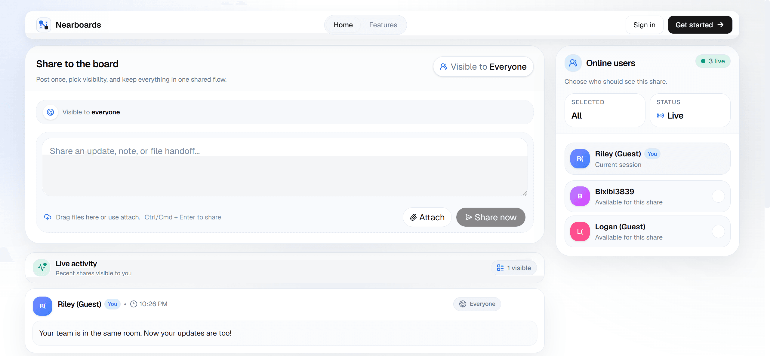 Nearboards live workspace with update composer, audience selection, participants, and activity feed
