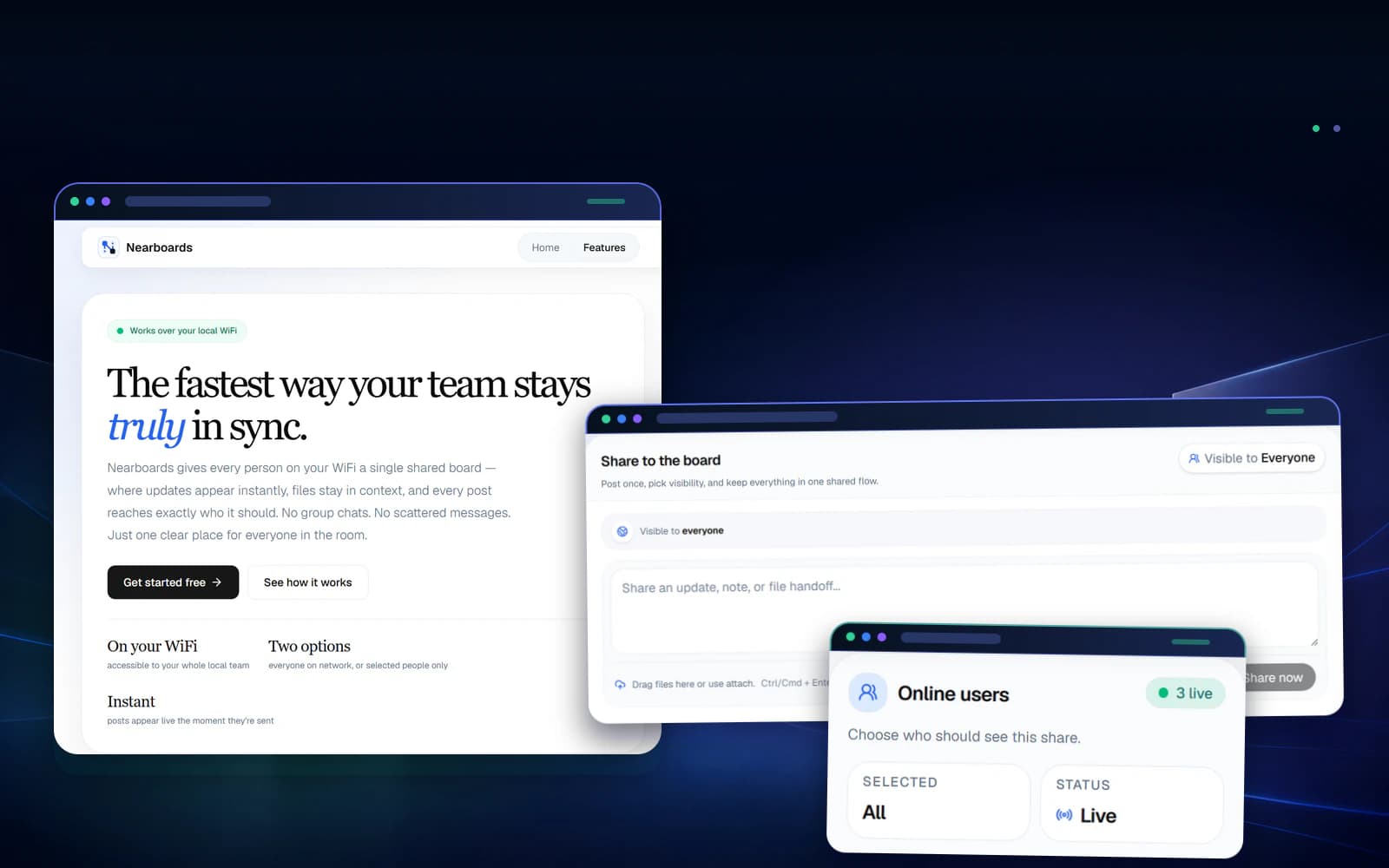Nearboards launch view layered with its shared composer and live presence controls