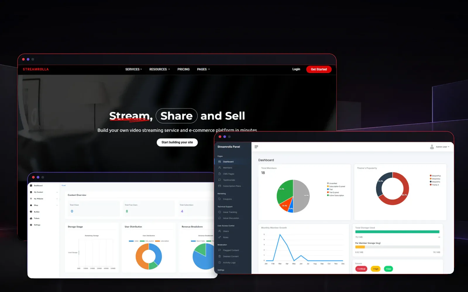 Streamrolla public streaming and commerce platform layered with vendor and platform analytics dashboards