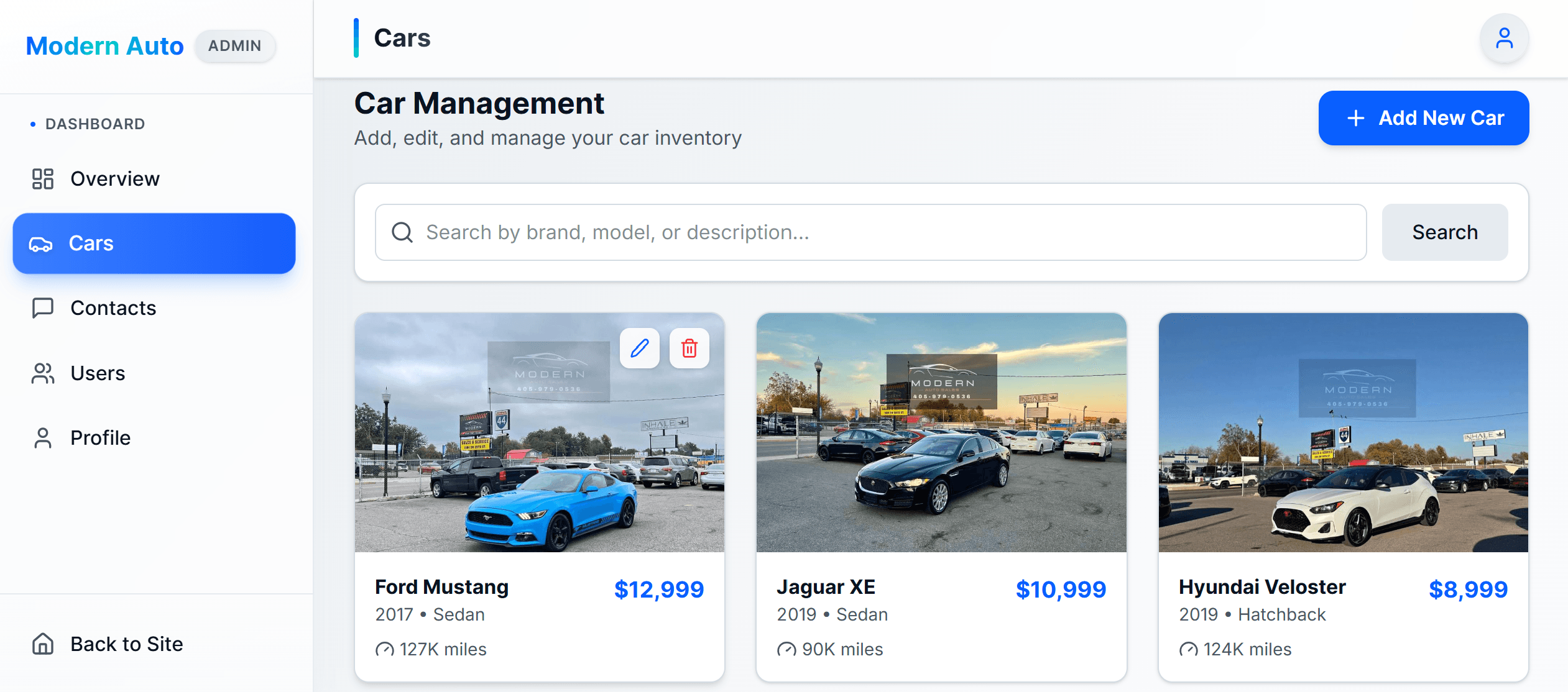 Modern Auto administration interface for searching, adding, editing, and deleting vehicles