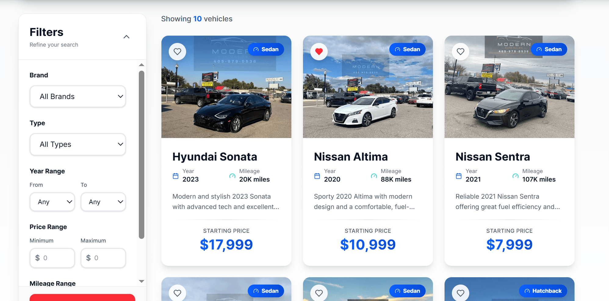 Modern Auto inventory with detailed filters and vehicle result cards
